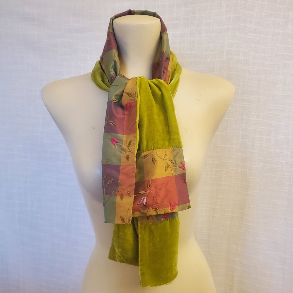 Reversible 100% Silk embroidered and 100% Silk Velvet Scarf A158 46" L x 8" W